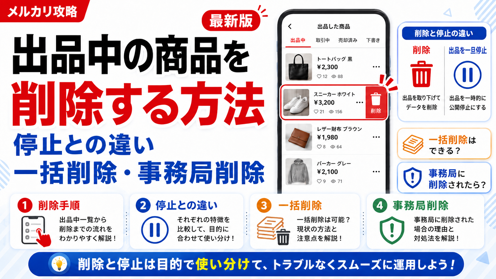 メルカリ出品の削除方法｜停止との違い・いいねや履歴はどうなる 