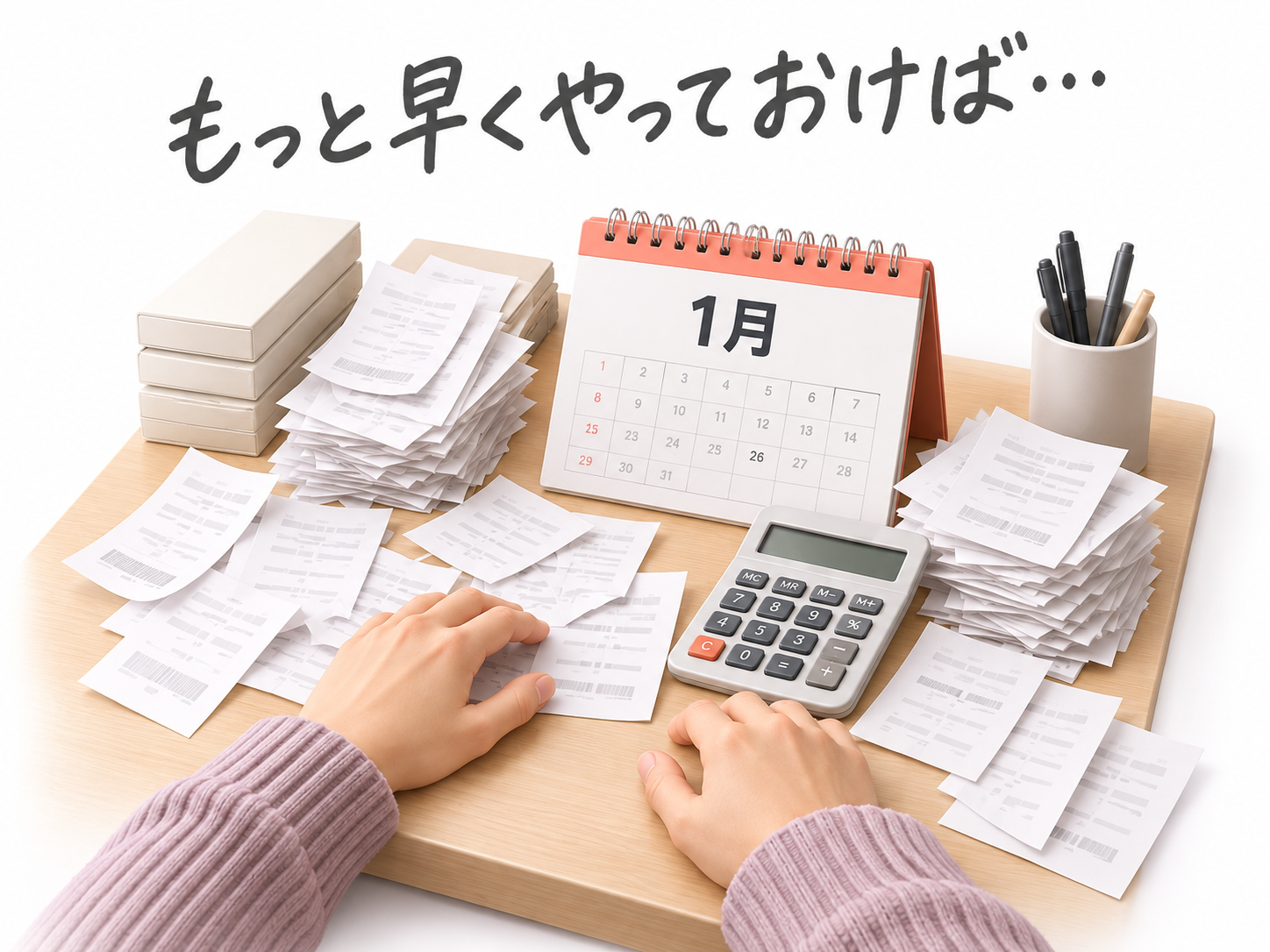 1月、書類の山を前に「もっと早くやっておけば…」と後悔する集計作業